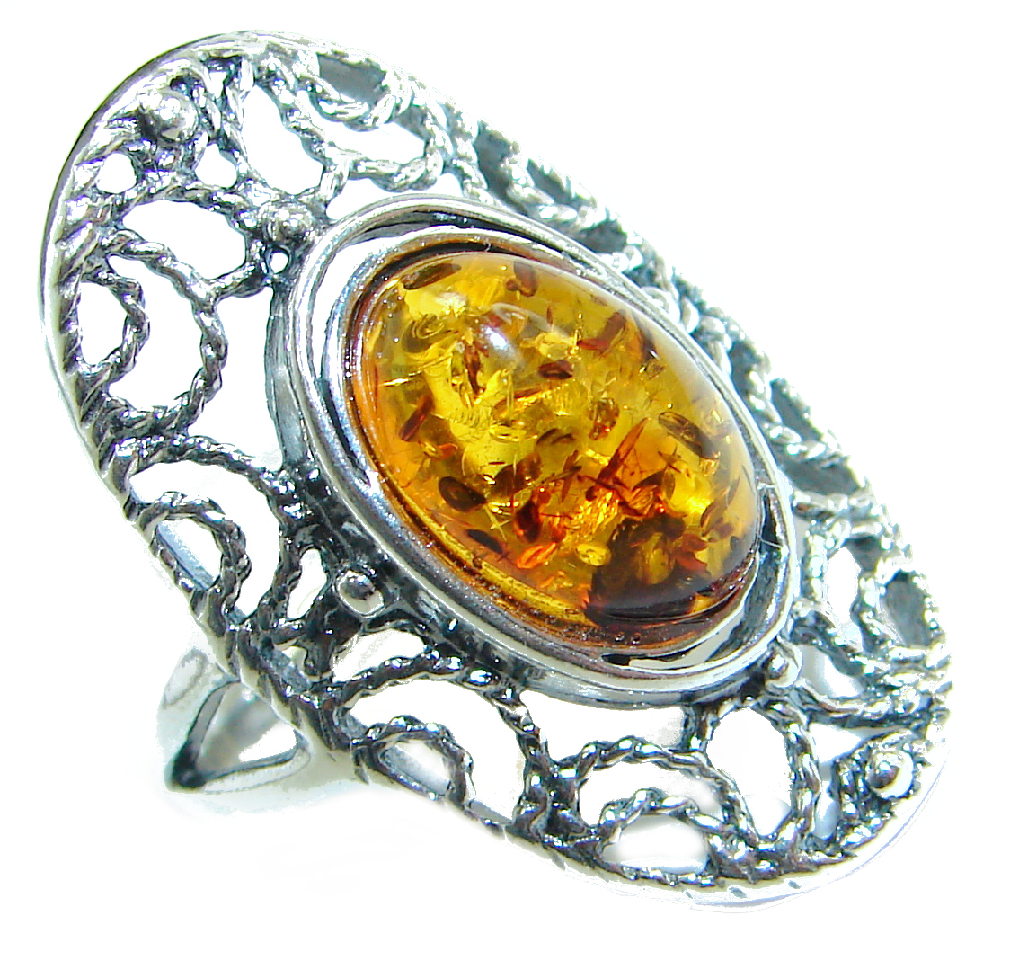 Huge Baltic Amber .925 Sterling Silver handcrafted ring; s. 8