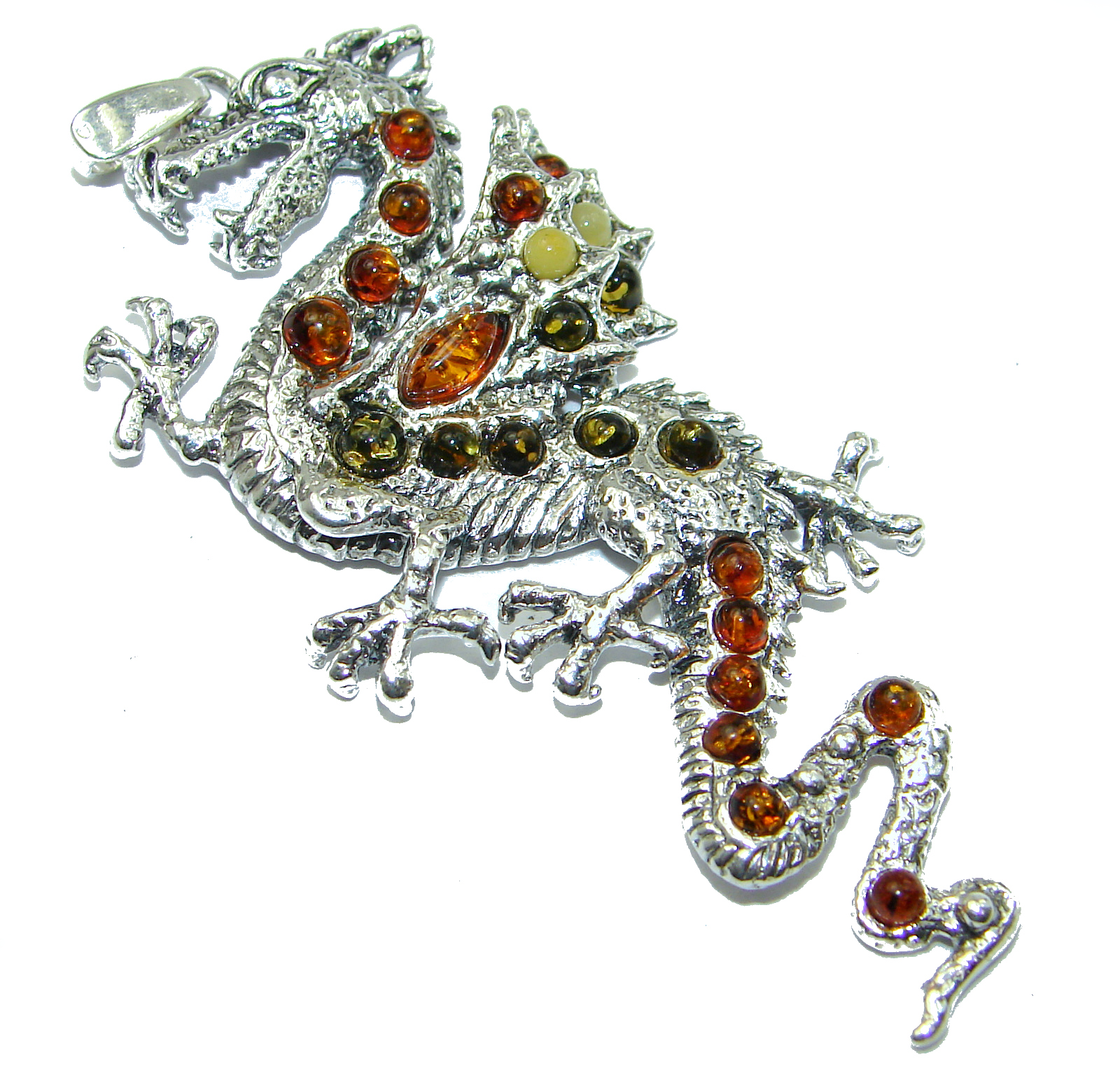 Huge Dragon Multicolor Baltic Amber .925 Sterling Silver handcrafted Pendant