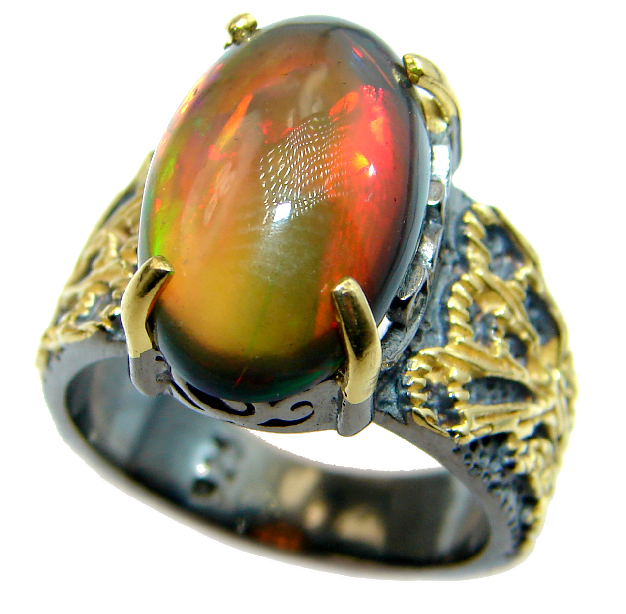 Vintage Design Genuine Black Opal 18K Gold over .925 Sterling Silver handmade Ring size 7