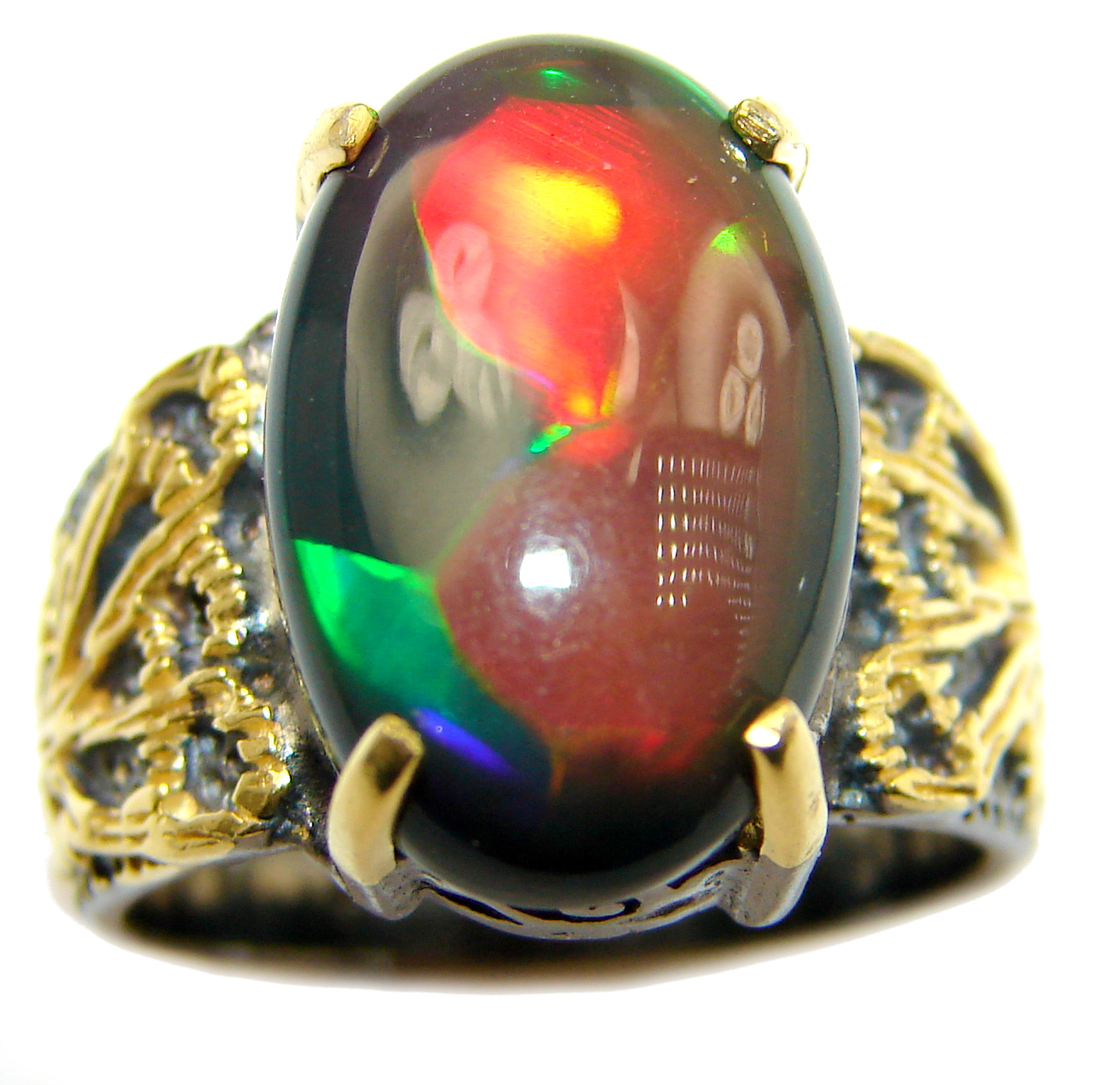 Vintage Design Genuine Black Opal 18K Gold over .925 Sterling Silver handmade Ring size 7
