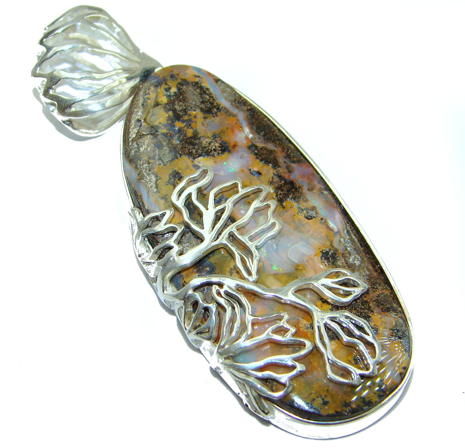 Rustic Design Authentic Australian Boulder Opal .925 Sterling Silver handmade Pendant