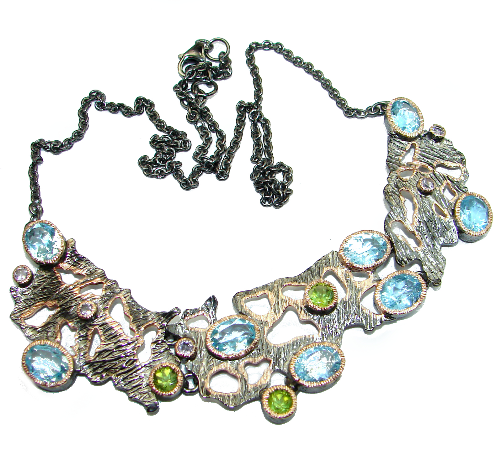 Andromeda Swiss Blue Topaz Rose Gold Rhodium over .925 Sterling Silver handcrafted necklace