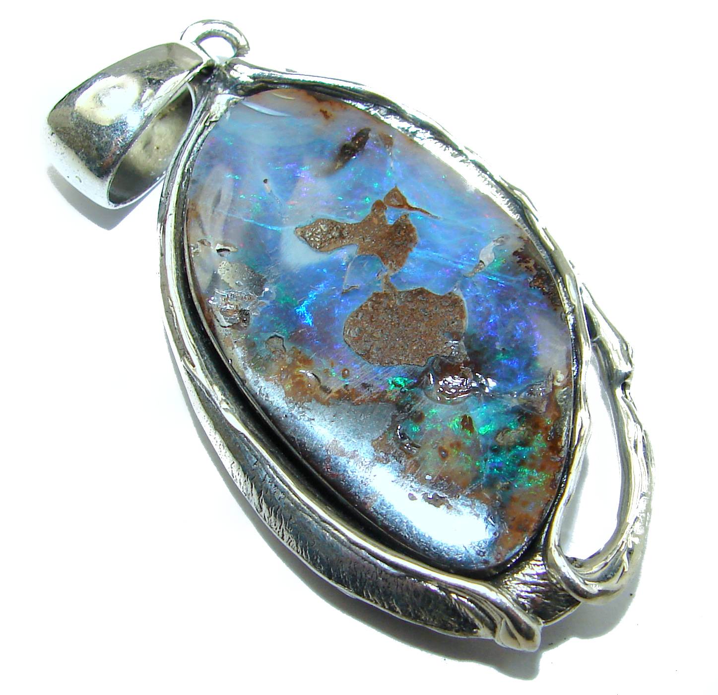 Giant Rustic Design Authentic Australian Boulder Opal .925 Sterling Silver handmade Pendant