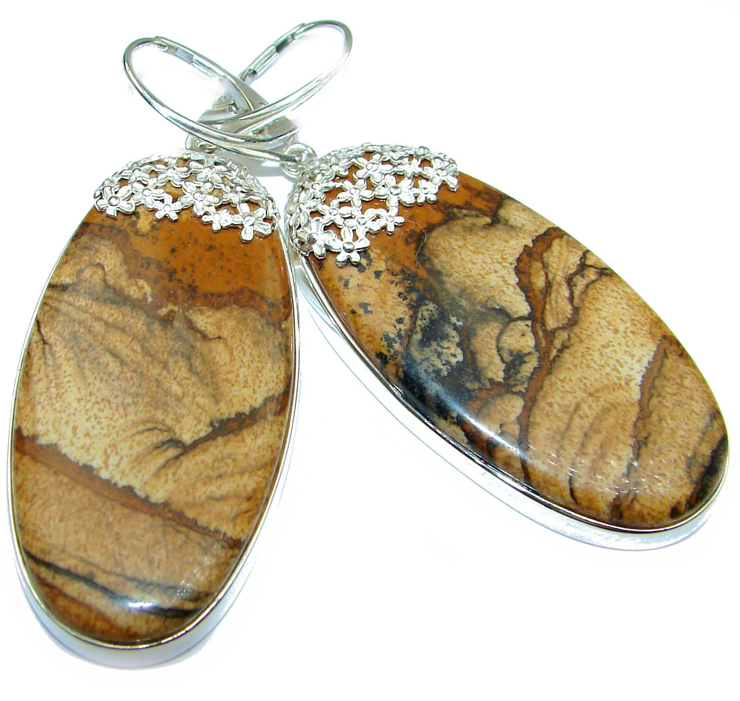 Huge Bohemian Style Picture Jasper .925 Sterling Silver handcrafted earrings
