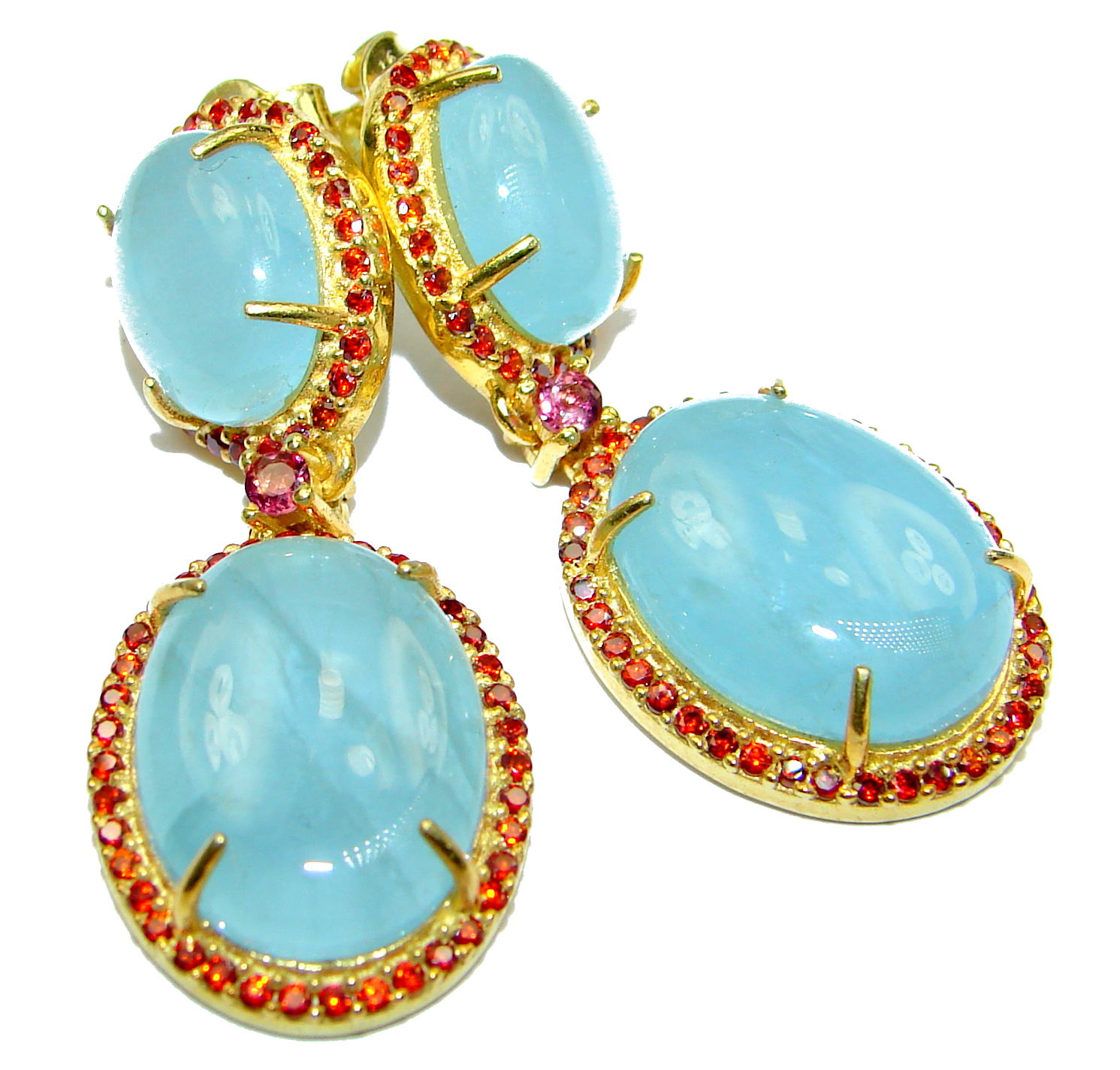 Fancy Style genuine Aquamarine Ruby .925 Sterling Silver handmade earrings