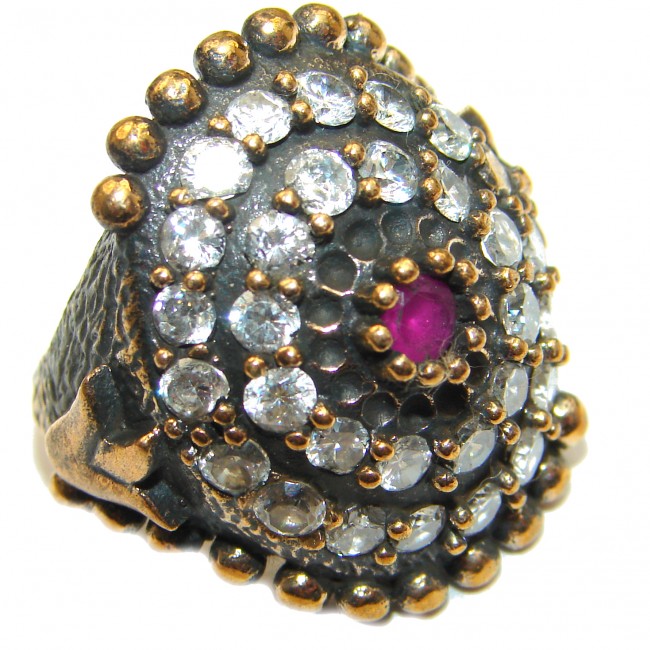 Large Victorian Style created Ruby & White Topaz Sterling Silver ring; s. 6 3/4