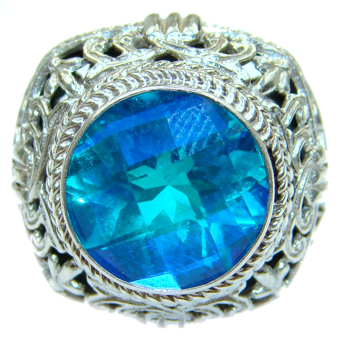 Bali Design Blue Aquamarine Topaz .925 Sterling Silver handmade ring s. 7 1/4