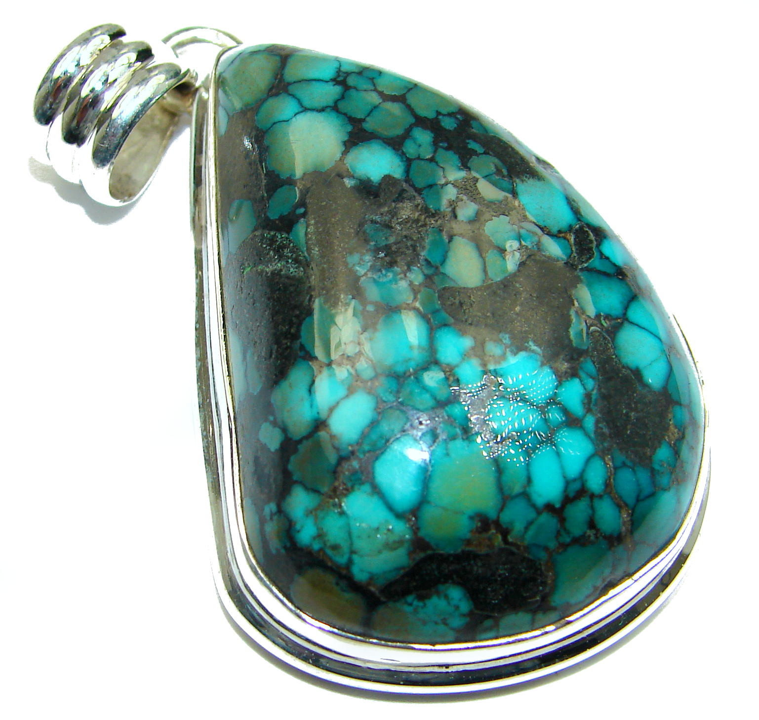 Huge Exquisite Black Spider's web Turquoise .925 Sterling Silver handmade Pendant