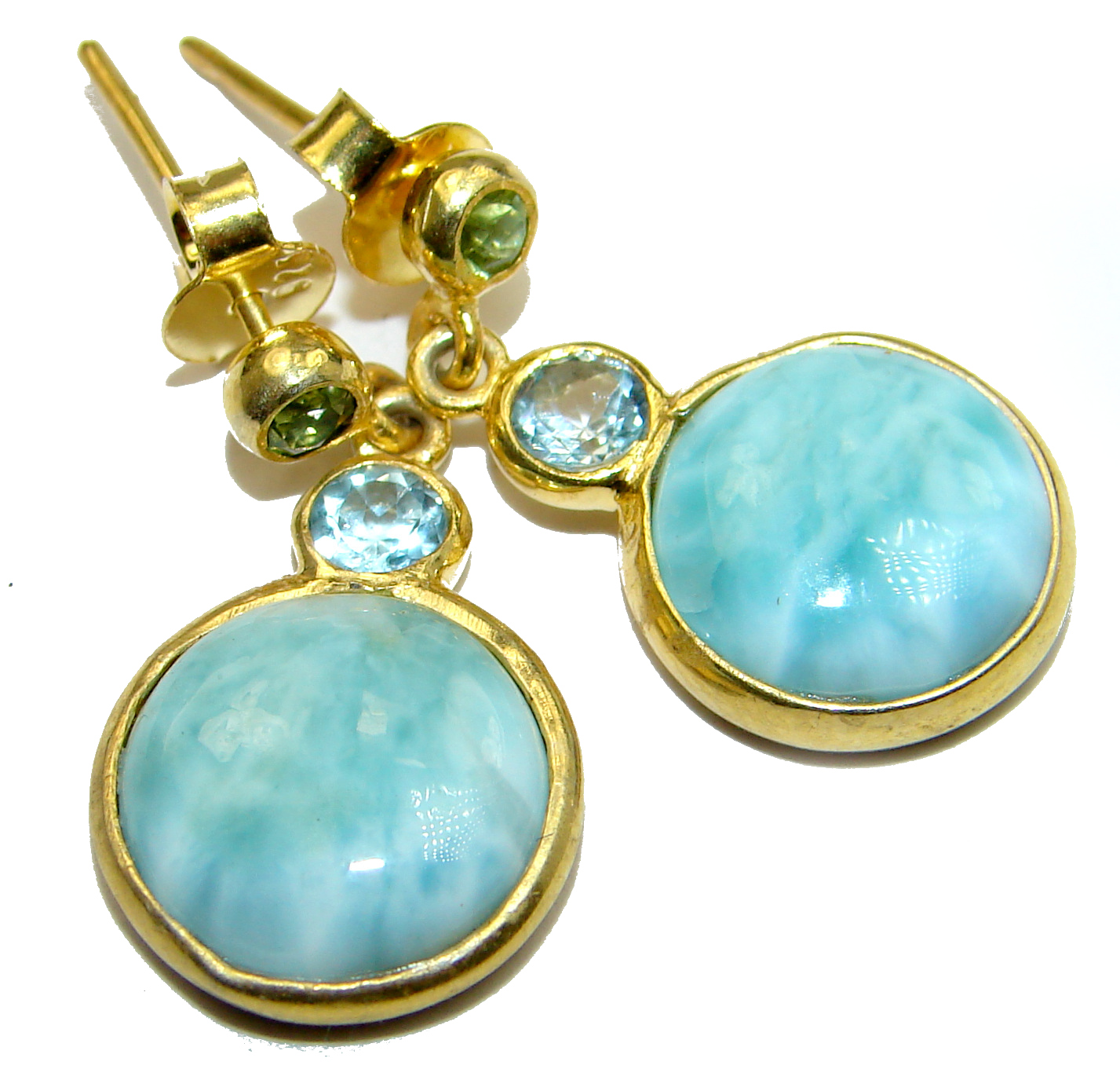 Blue Larimar & Blue Topaz & Peridot Gold Plated Sterling Silver stud earrings
