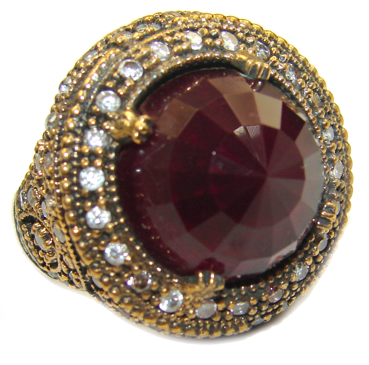 Large Victorian Style created Ruby & White Topaz Sterling Silver ring; s. 8