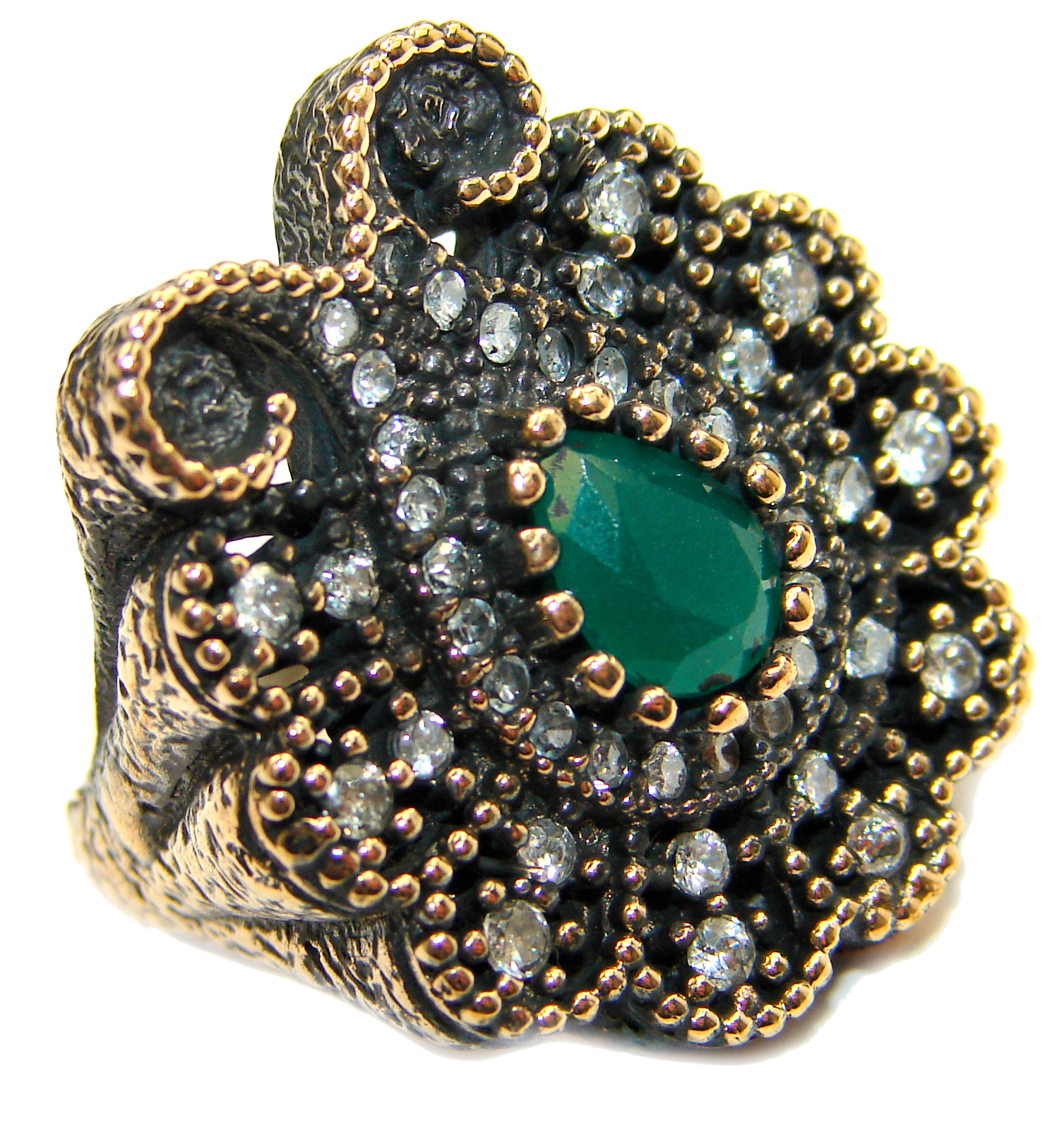 Victorian Style created Emerald & White Topaz Copper over Sterling Silver ring; s. 6 1/4