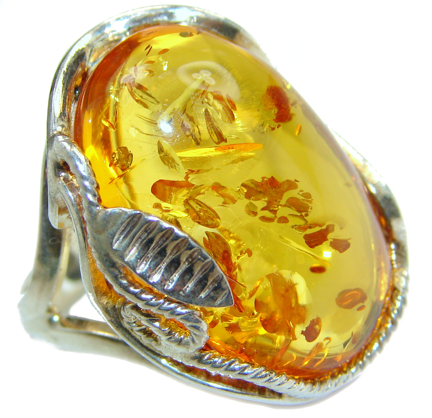 Huge authentic Baltic Amber .925 Sterling Silver ring; s. 7 adjustable