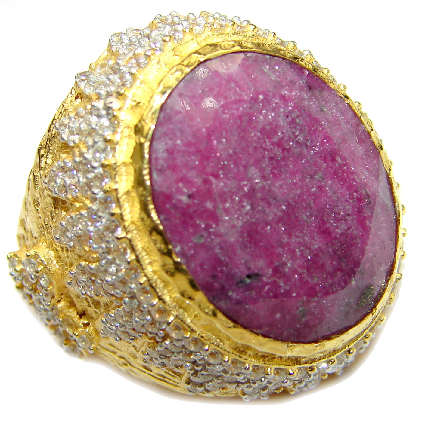 Large genuine Ruby 14K Gold over .925 Sterling Silver Statement Italy made ring; s. 8