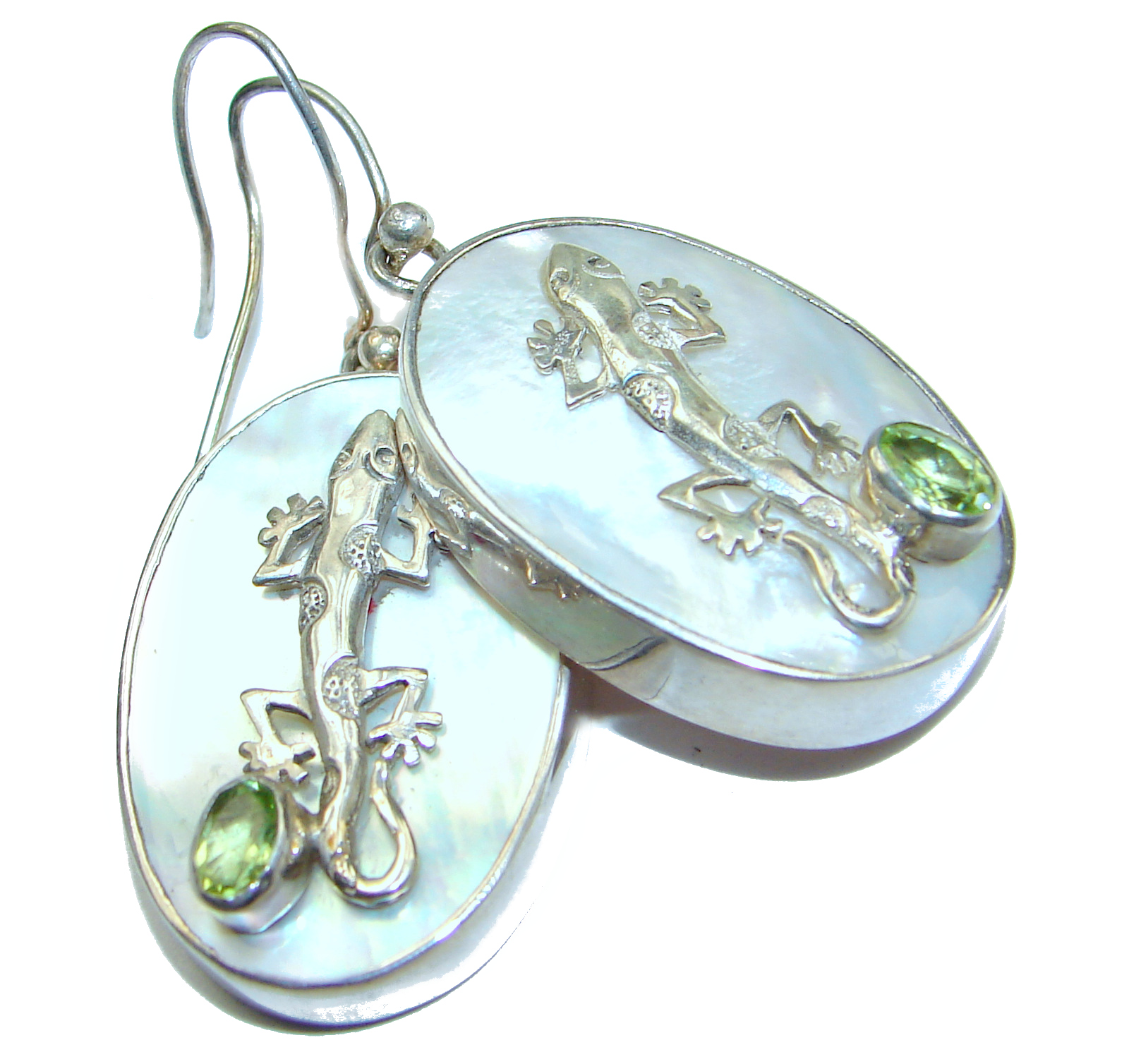 Lizards Blister Pearl Peridot .925 Sterling Silver handmade earrings