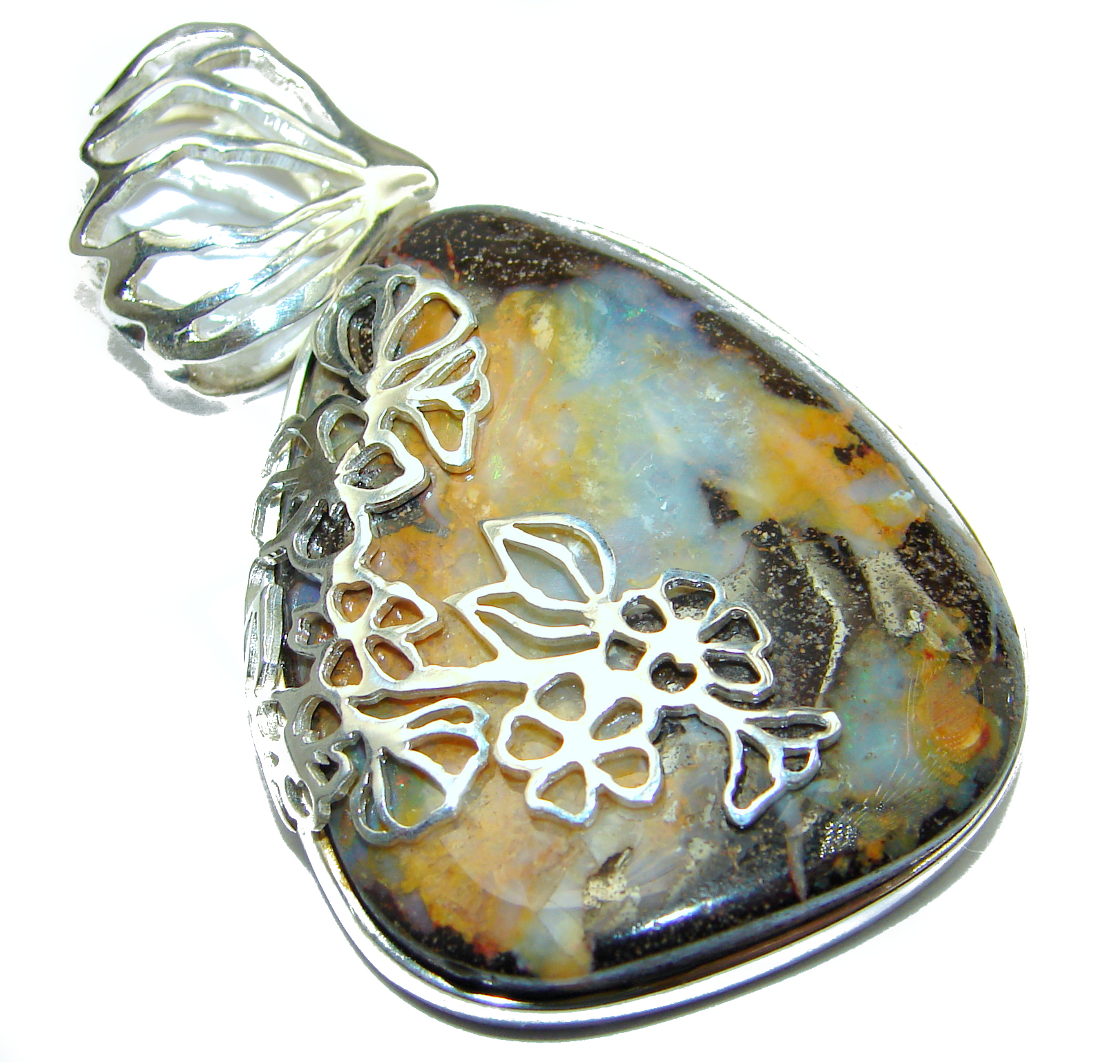 Rustic Design Authentic Australian Boulder Opal .925 Sterling Silver handmade Pendant
