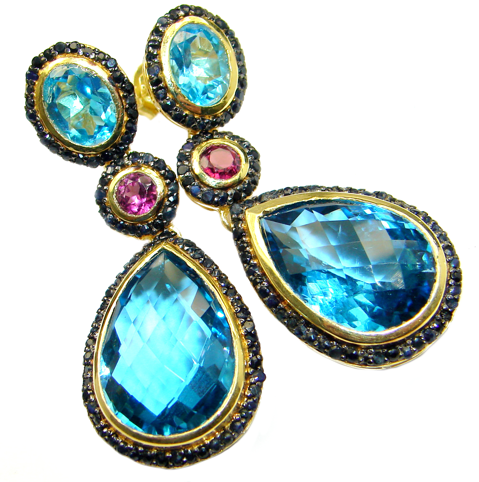 LARGE 45ct Swiss Blue Topaz & Black Diamonds .925 Sterling Silver handcrafted earrings