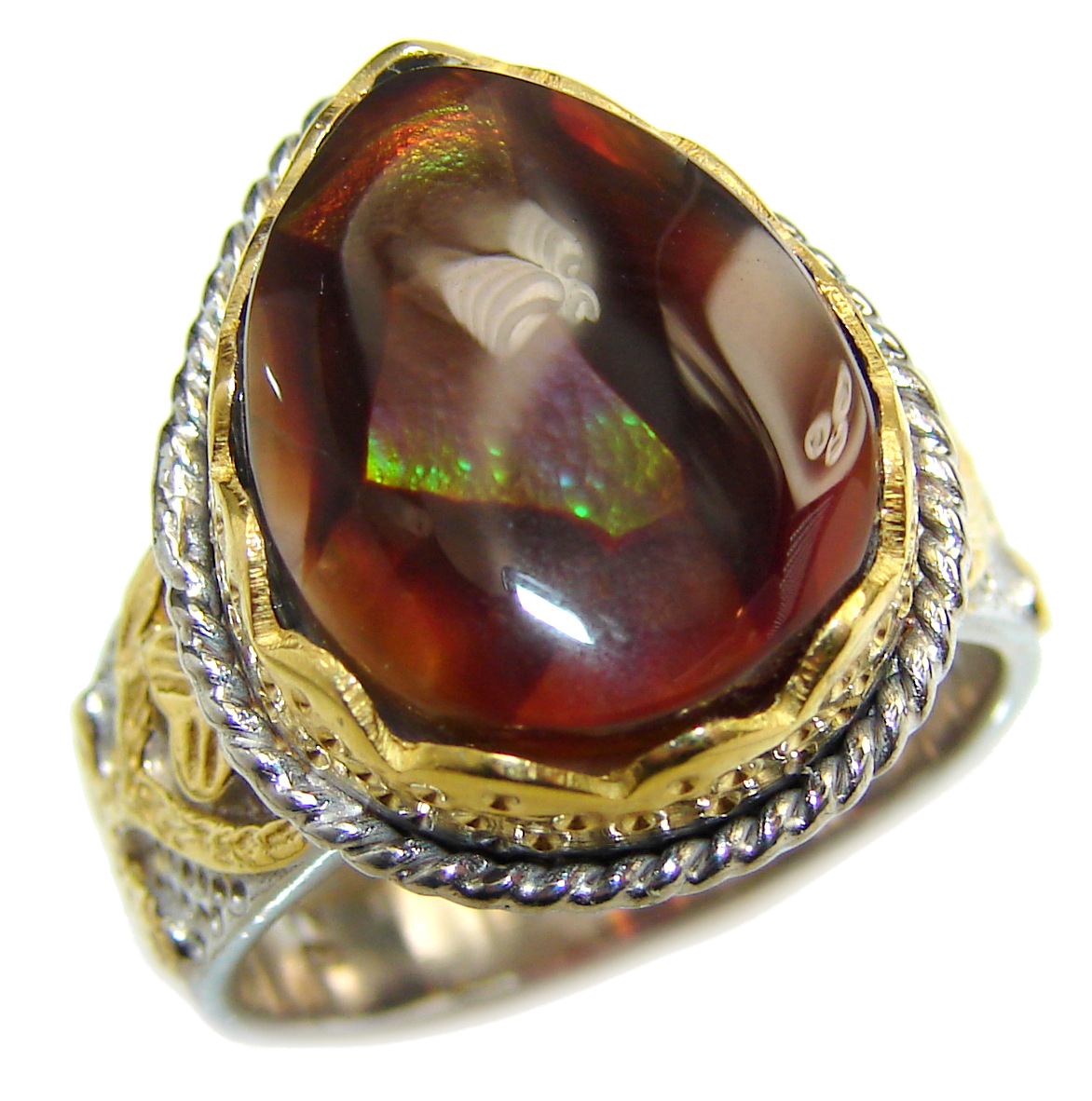 Genuine Fire Agate Mexican 14K Gold over .925 Sterling Silver Ring size 8