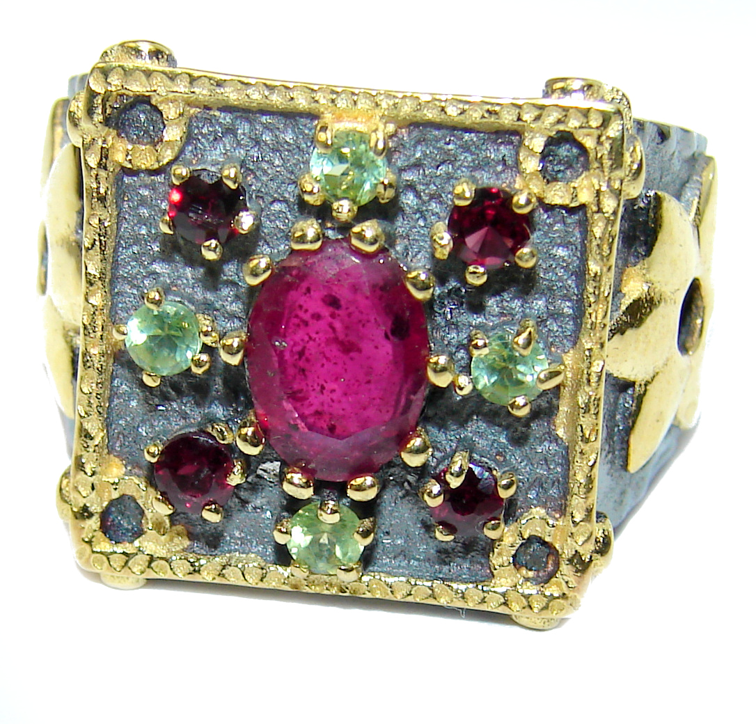 Large genuine Ruby 14K Gold over .925 Sterling Silver Statement ring; s. 8 1/4