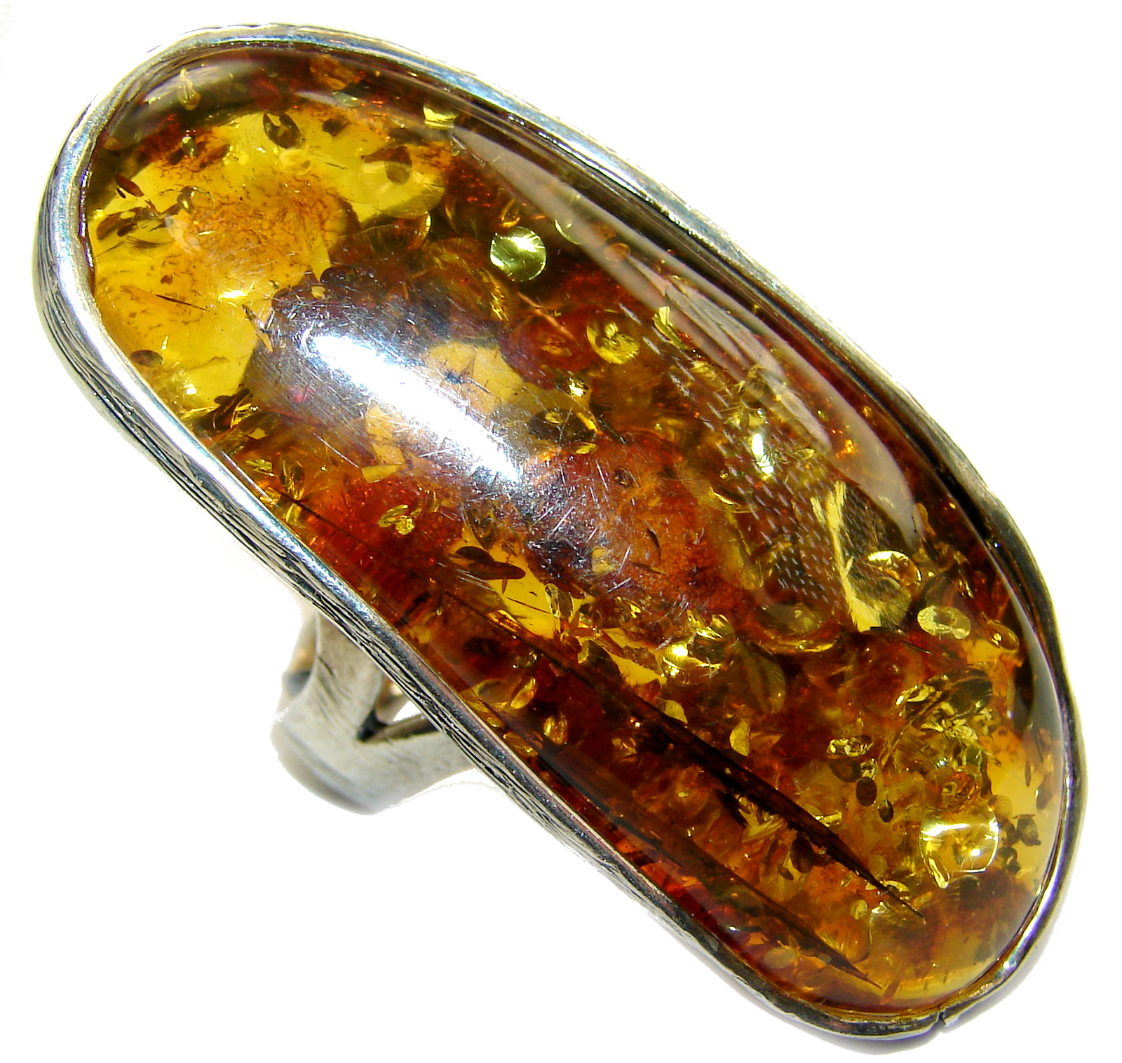 HUGE authentic Baltic Amber .925 Sterling Silver handcrafted ring; s. 7 adjustable