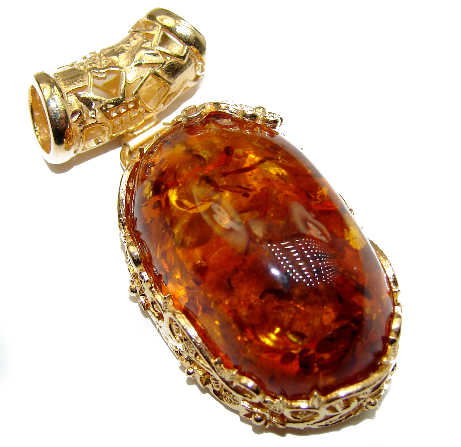 Vintage Style Natural Baltic Amber 14K Gold over .925 Sterling Silver handmade Pendant