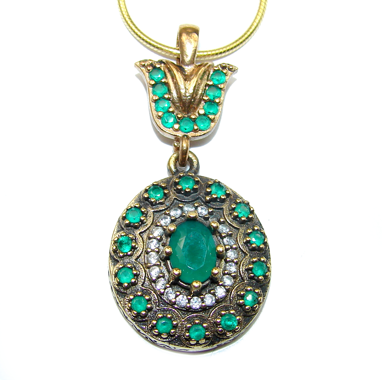 Victorian Style created Green Emerald .925 Sterling Silver necklace