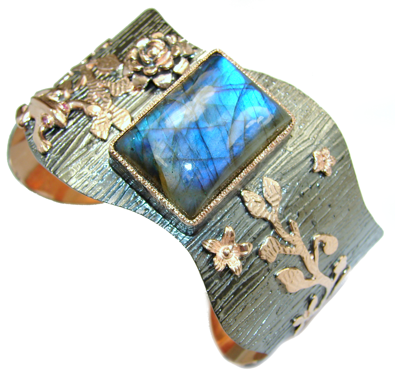 Vintage Style Labradorite 18ct Rose Gold over .925 Sterling Silver handmade Bracelet / Cuff