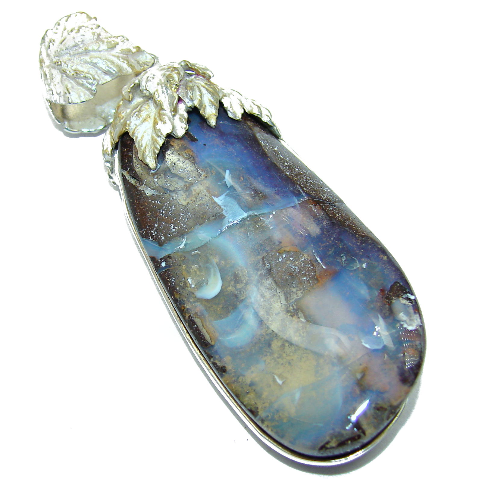 Giant Rustic Design Authentic Australian Boulder Opal .925 Sterling Silver handmade Pendant