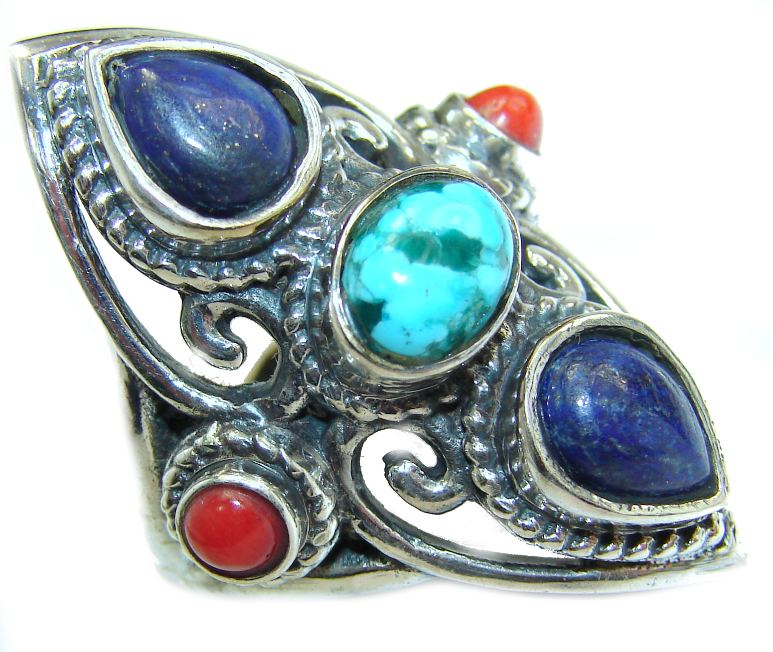 Huge Turquoise .925 Sterling Silver handcrafted ring; s. 9