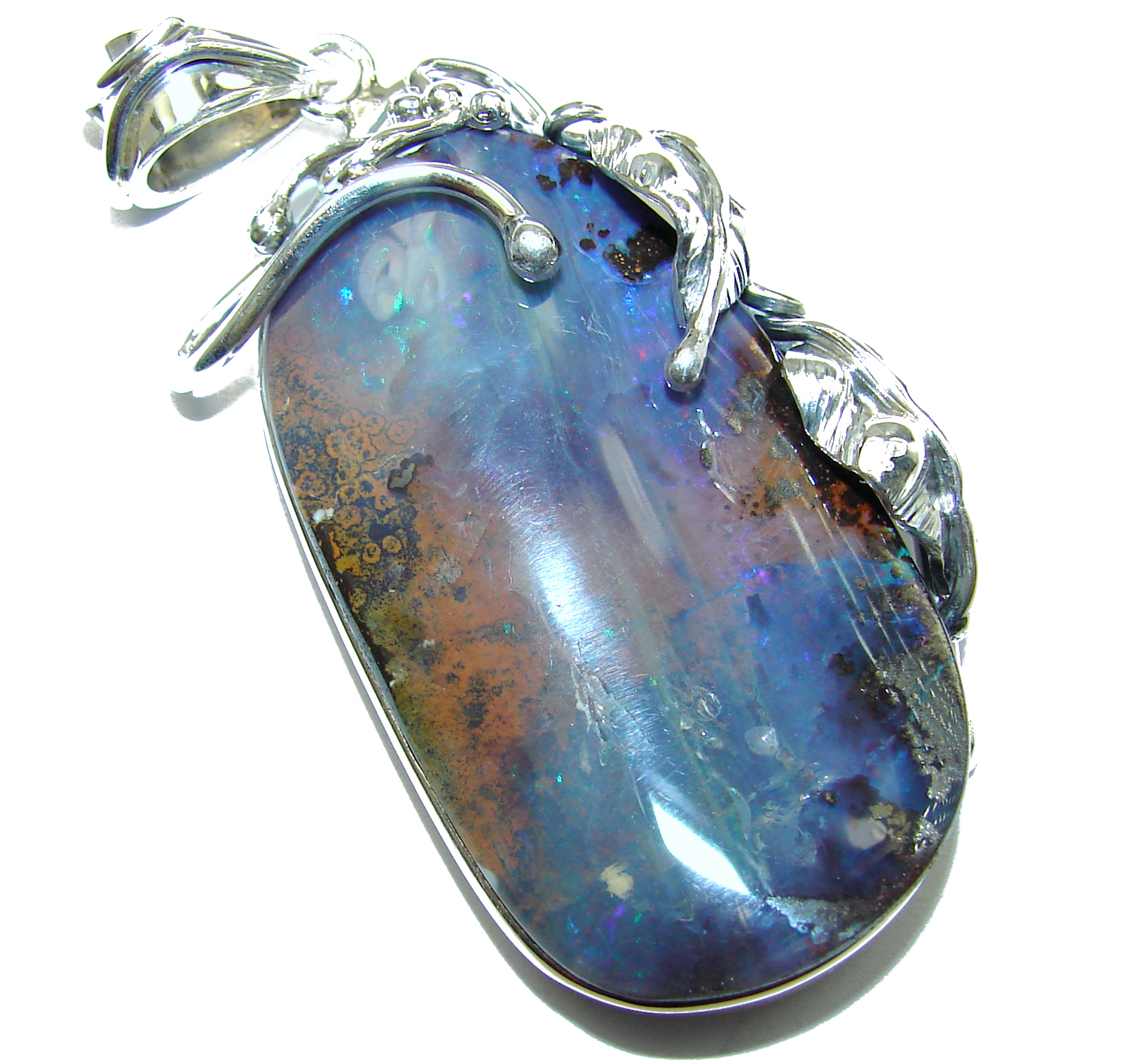 Giant Rustic Design Authentic Australian Boulder Opal .925 Sterling Silver handmade Pendant