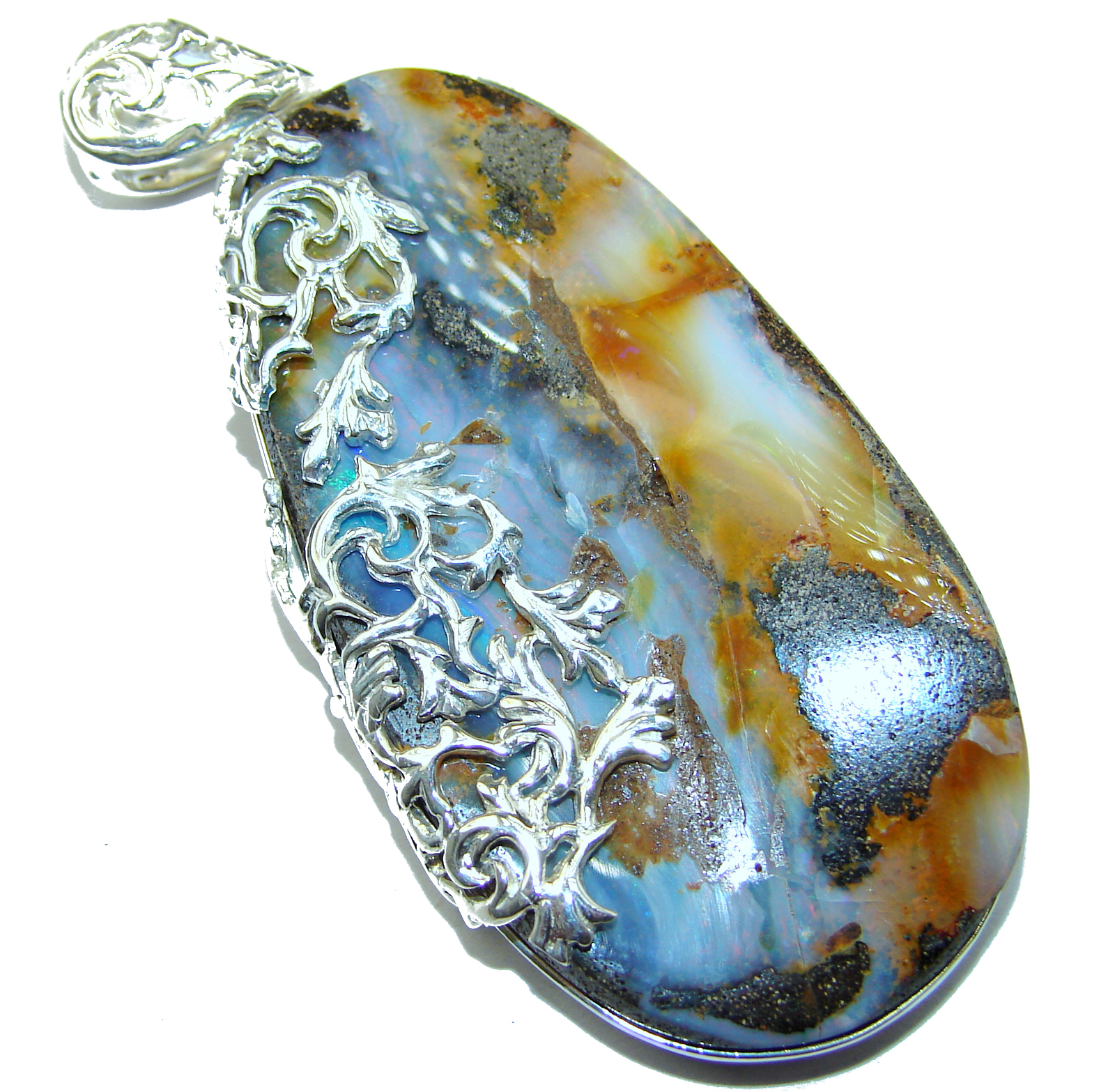 Giant Rustic Design Authentic Australian Boulder Opal .925 Sterling Silver handmade Pendant