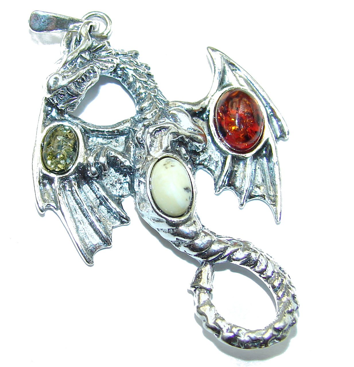 Dragon Multicolor Baltic Amber .925 Sterling Silver handcrafted Pendant