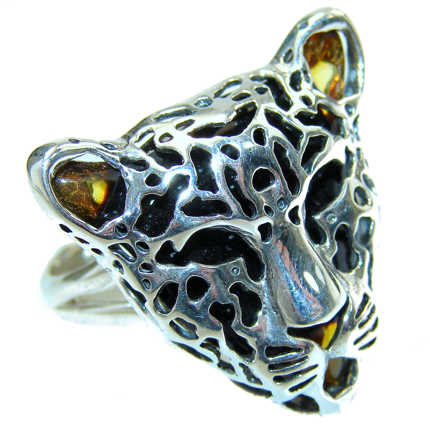 Leopart Genuine Baltic Polish Amber .925 Sterling Silver handmade Ring size 8 adjustable