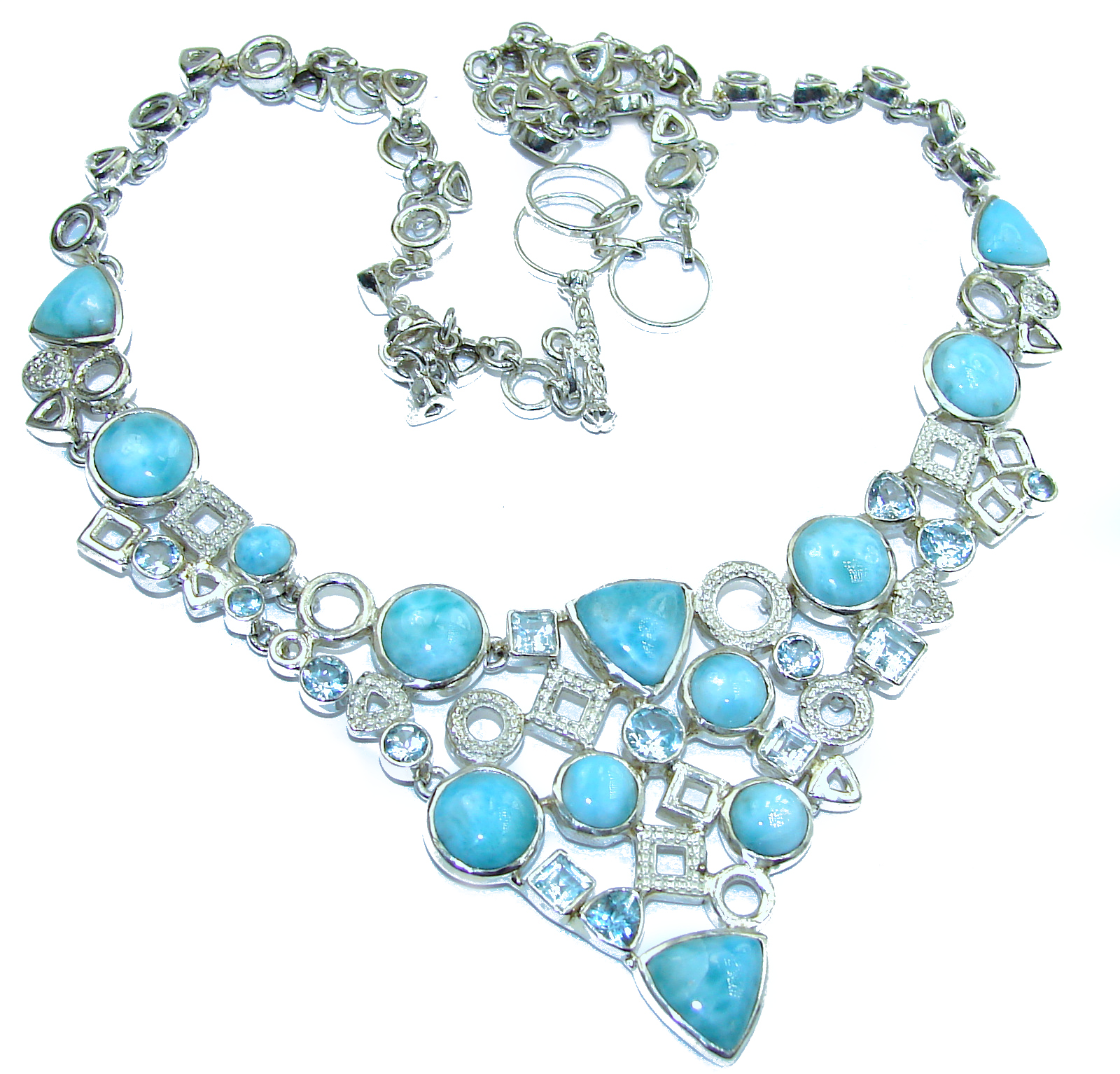 Ocean Halo genuine Larimar Swiss Blue Topaz .925 Sterling Silver handmade necklace