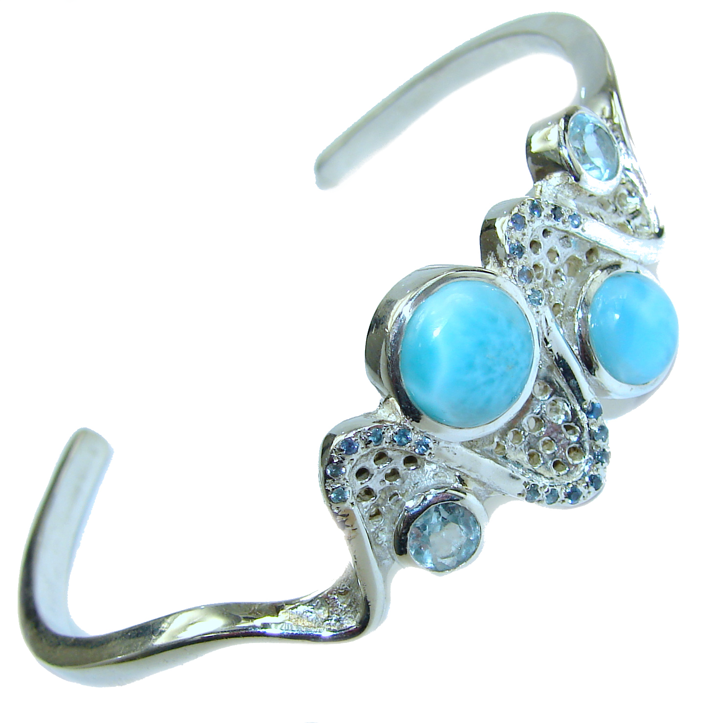 Fine Art Blue Larimar Swiss Blue Topaz .925 Sterling Silver handcrafted Bracelet / Cuff