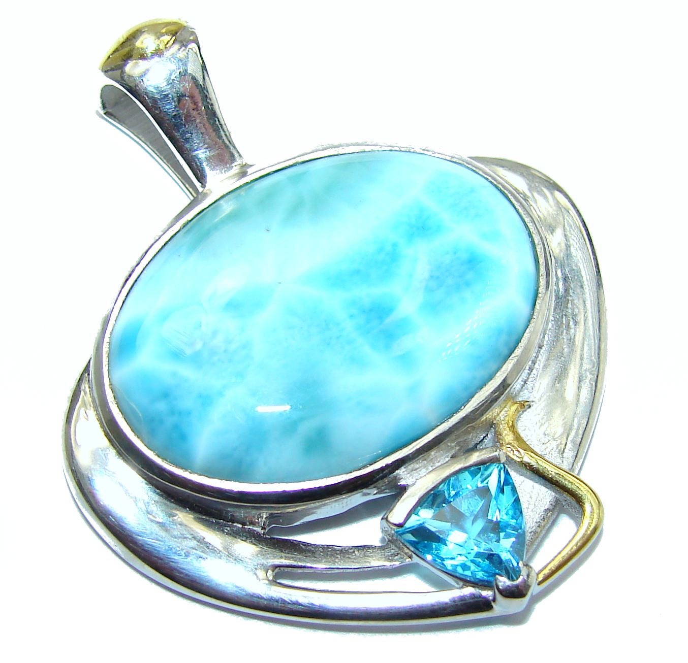 Perfectly Blue Larimar two tones .925 Sterling Silver handmade pendant