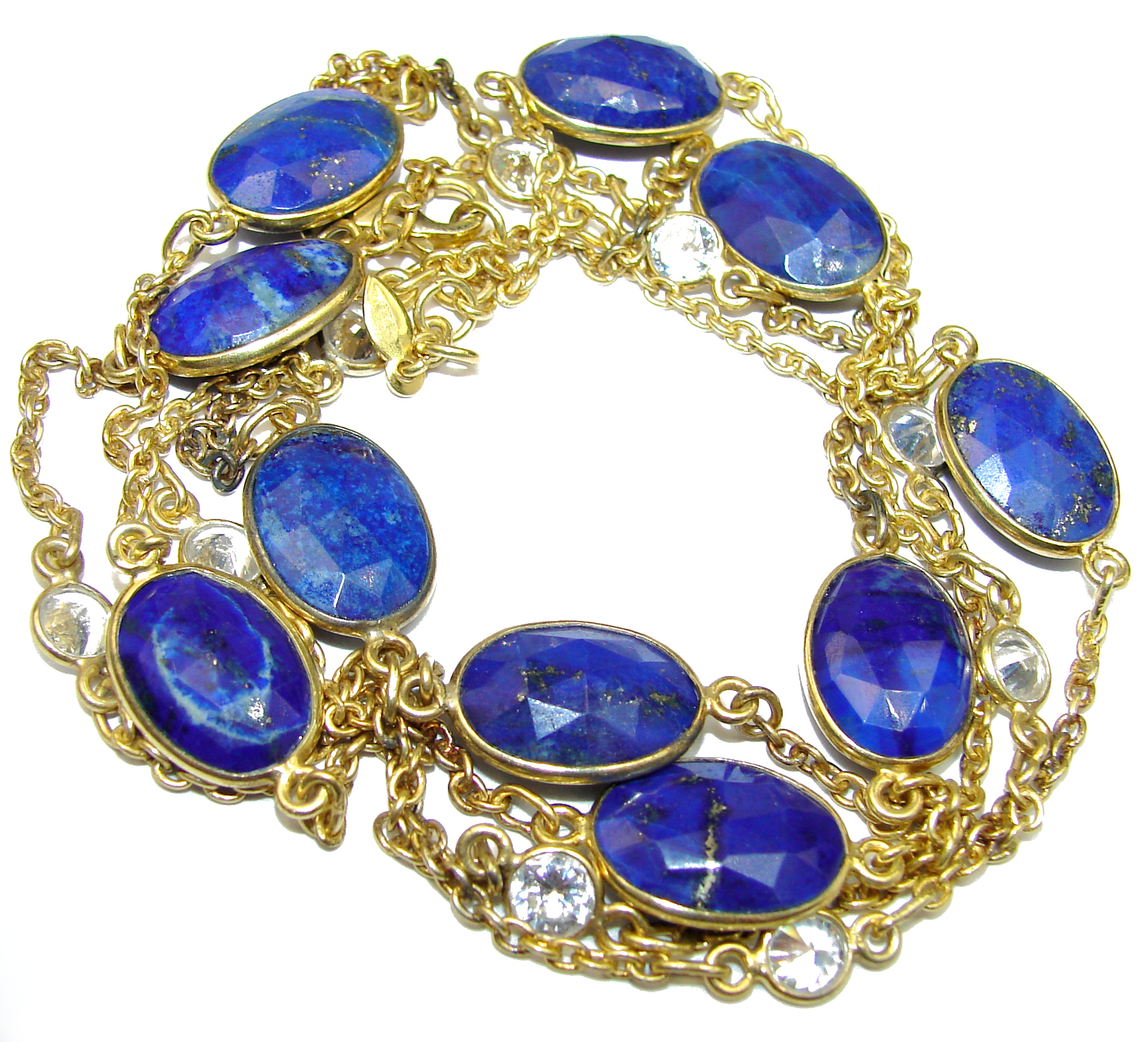 36 inches genuine Lapis Lazuli 14K Gold over .925 Sterling Silver Station Necklace