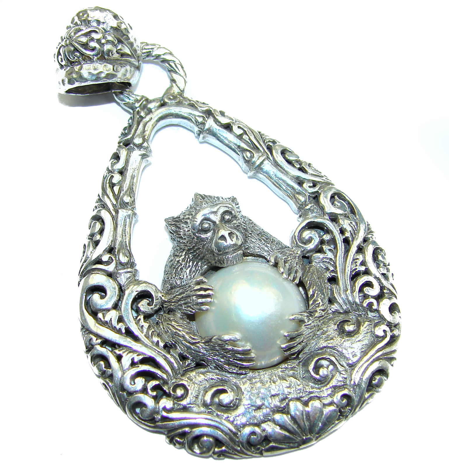 Prosperity and Fortune Monkey holding a white Pearl .925 Sterling Silver pendant