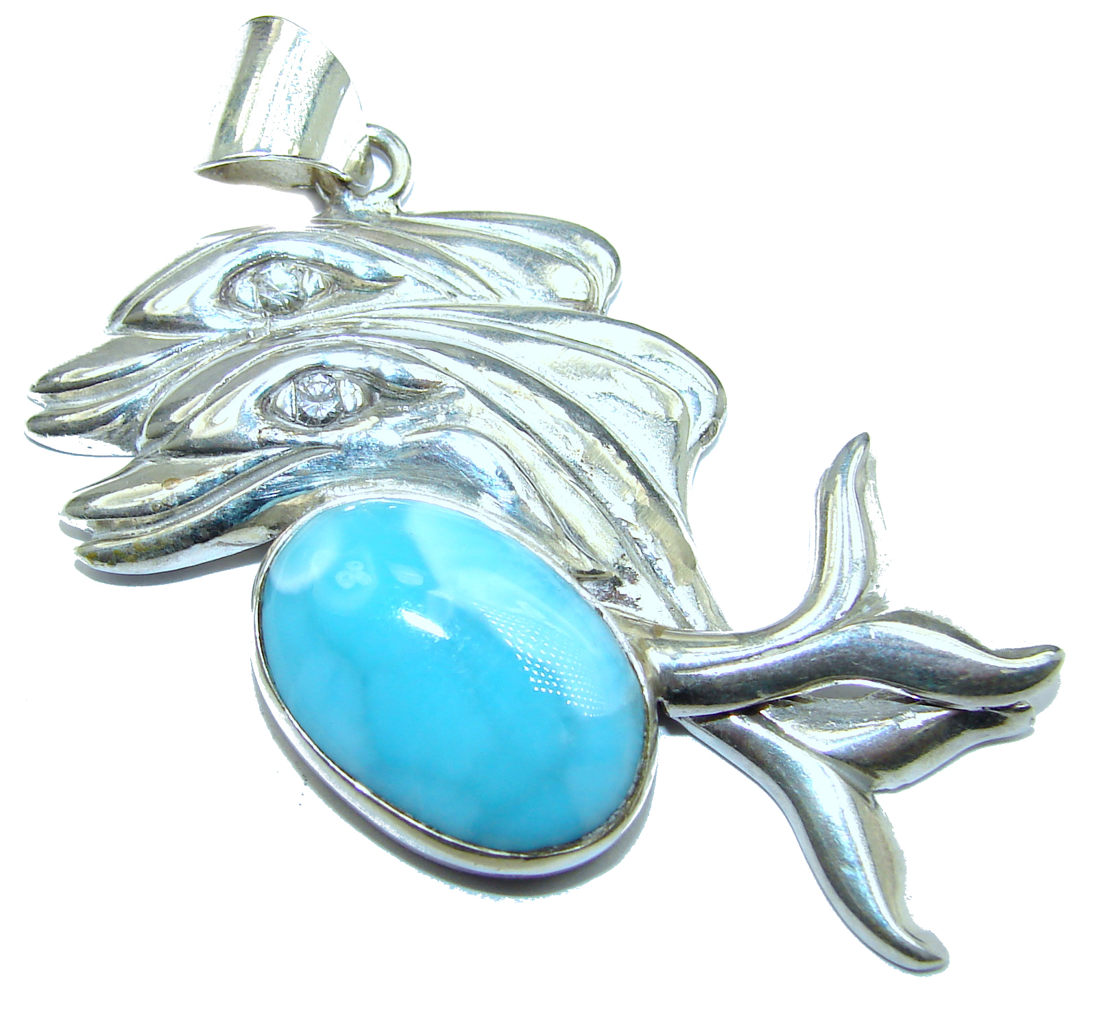 Playing Delphines authentic Larimar .925 Sterling Silver handmade pendant