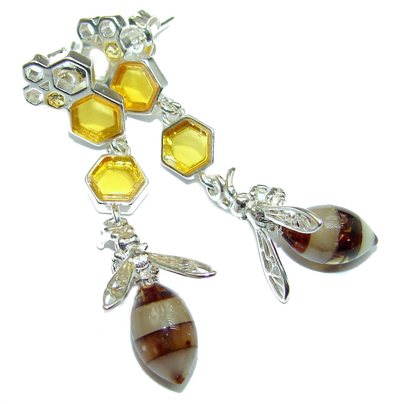 Wonderful Bees Baltic Mosaic Amber .925 Sterling Silver entirely handcrafted earrings