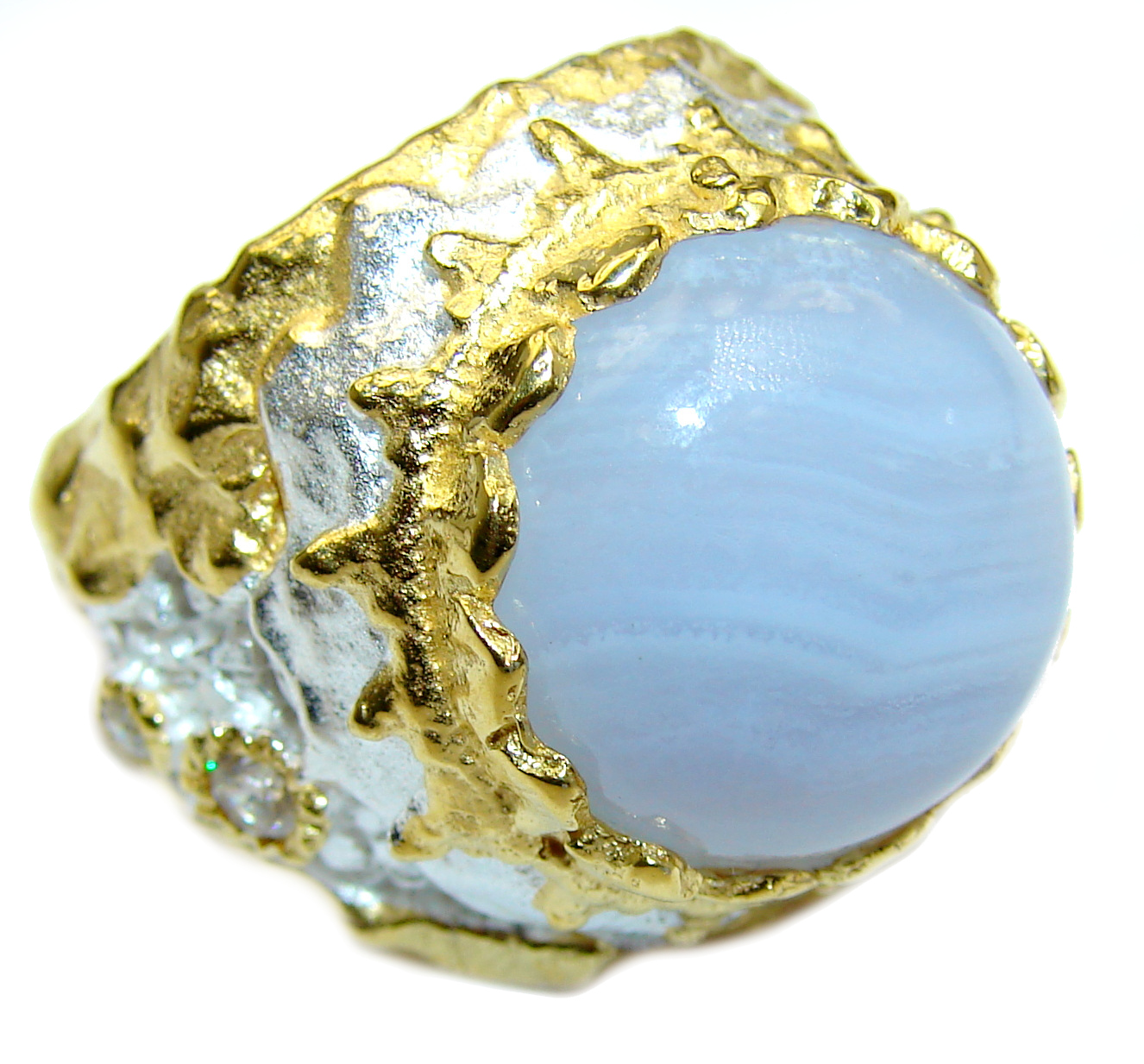 Blue Chalcedony Agate 14K Gold over .925 Sterling Silver handcrafted Ring s. 9
