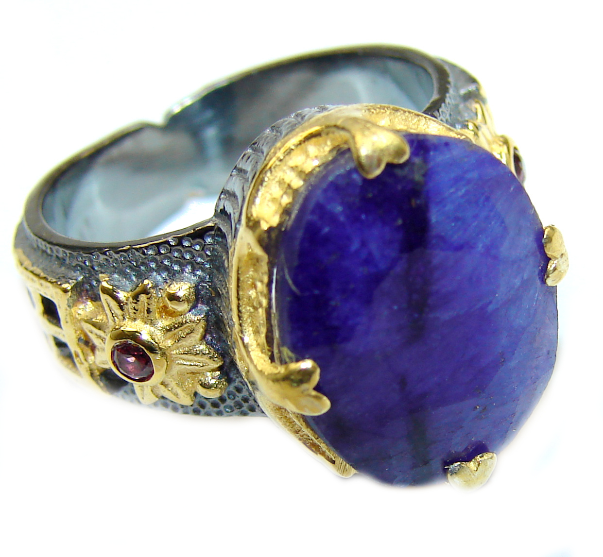 Vintage Style Sapphire 14K Gold oval & White Topaz Sterling Silver handcrafted ring; s. 8