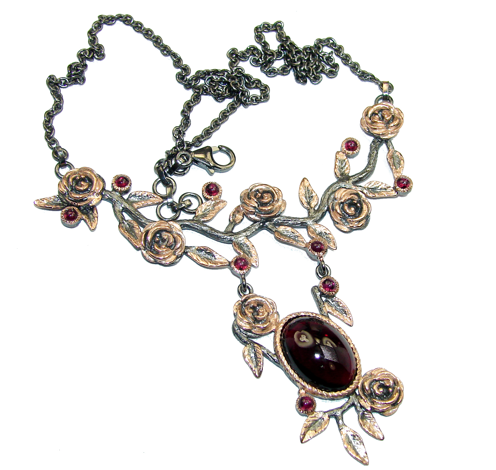 Floral Design Genuine Garnet 14K Gold over .925 Sterling Silver handmade necklace