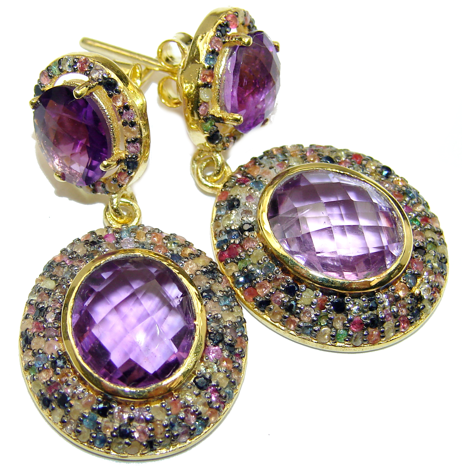 Precious genuine Natural Amethyst 14K Gold over .925 Sterling Silver handmade earrings