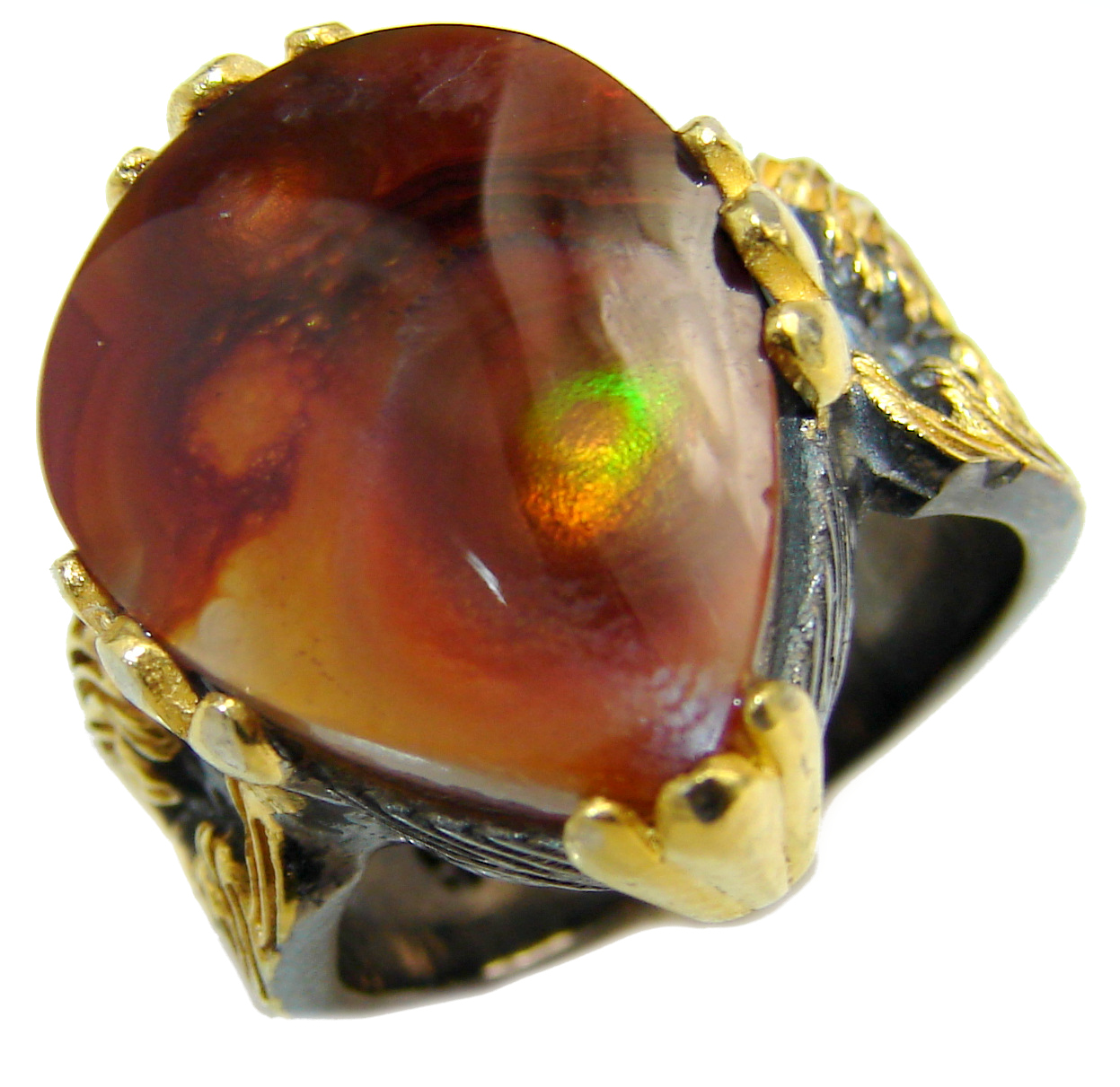 Genuine Fire Agate Mexican 14K Gold over .925 Sterling Silver Ring size 7 1/4