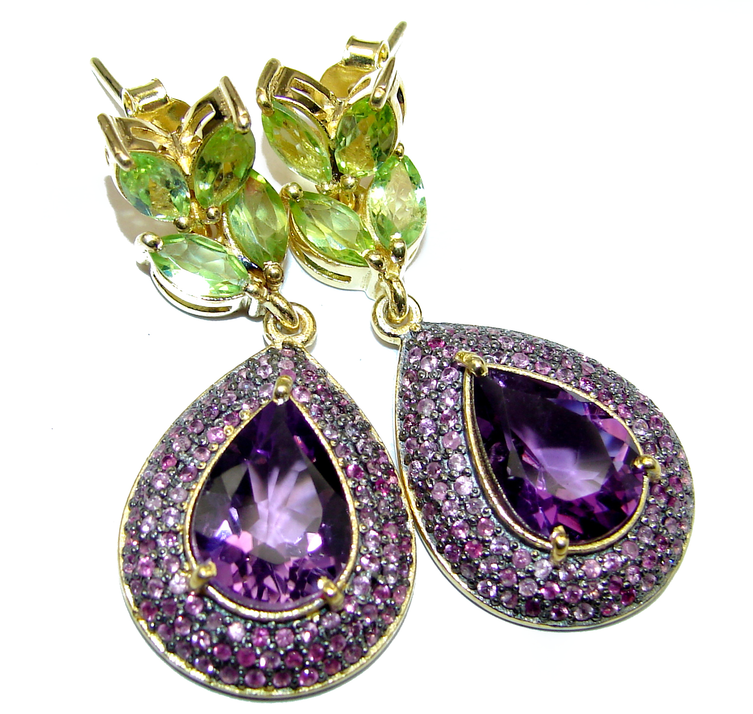 Precious genuine Natural Amethyst 14K Gold over .925 Sterling Silver handmade earrings