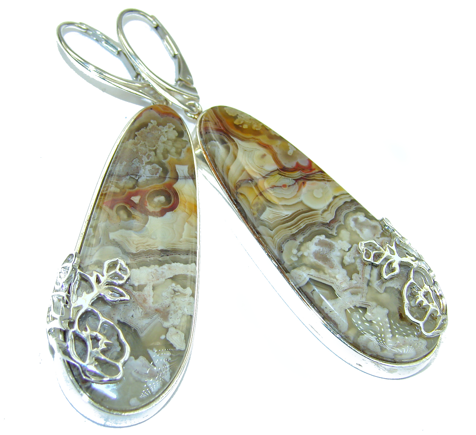 Unique Bohemian Style Crazy Lace Agate .925 Sterling Silver handcrafted Earrings