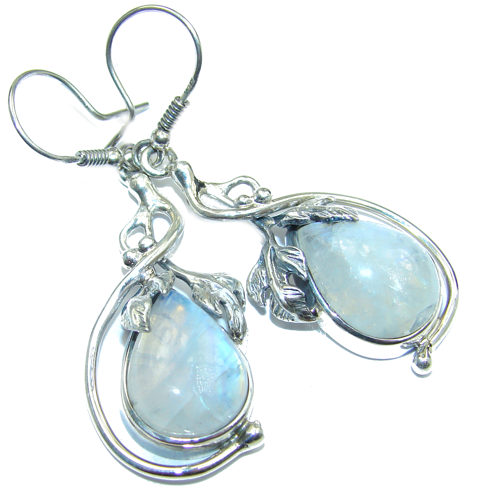 Floral Design Genuine Fire Moonstone .925 Sterling Silver handcrafted Earrings