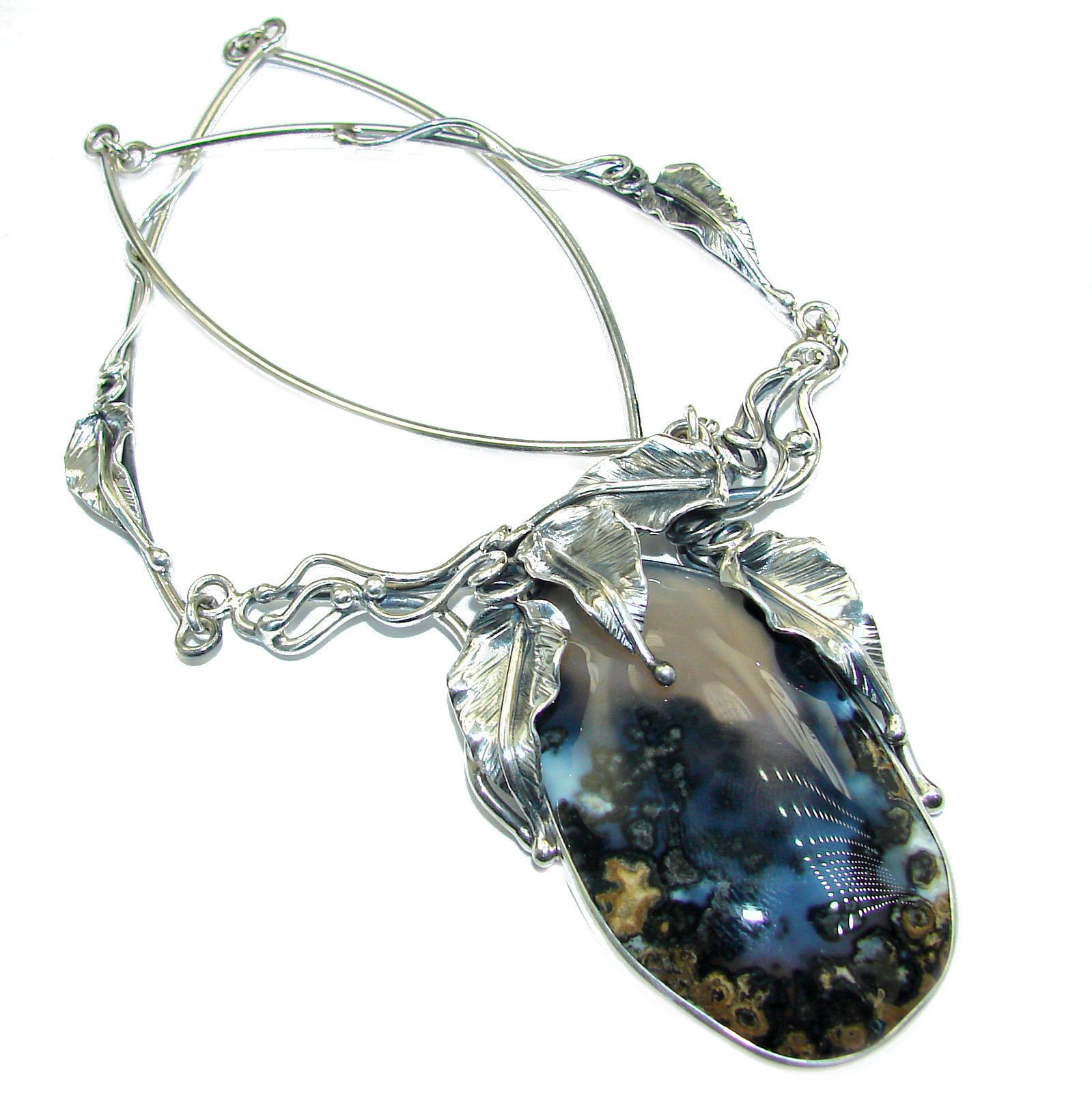 Floral Design genuine Dendritic Agate .925 Sterling Silver handcrafted necklace