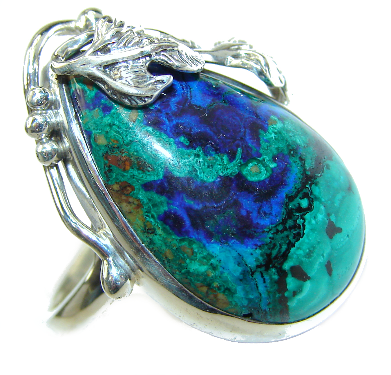 Natural Chrysocolla .925 Sterling Silver handcrafted ring size 8 adjustable