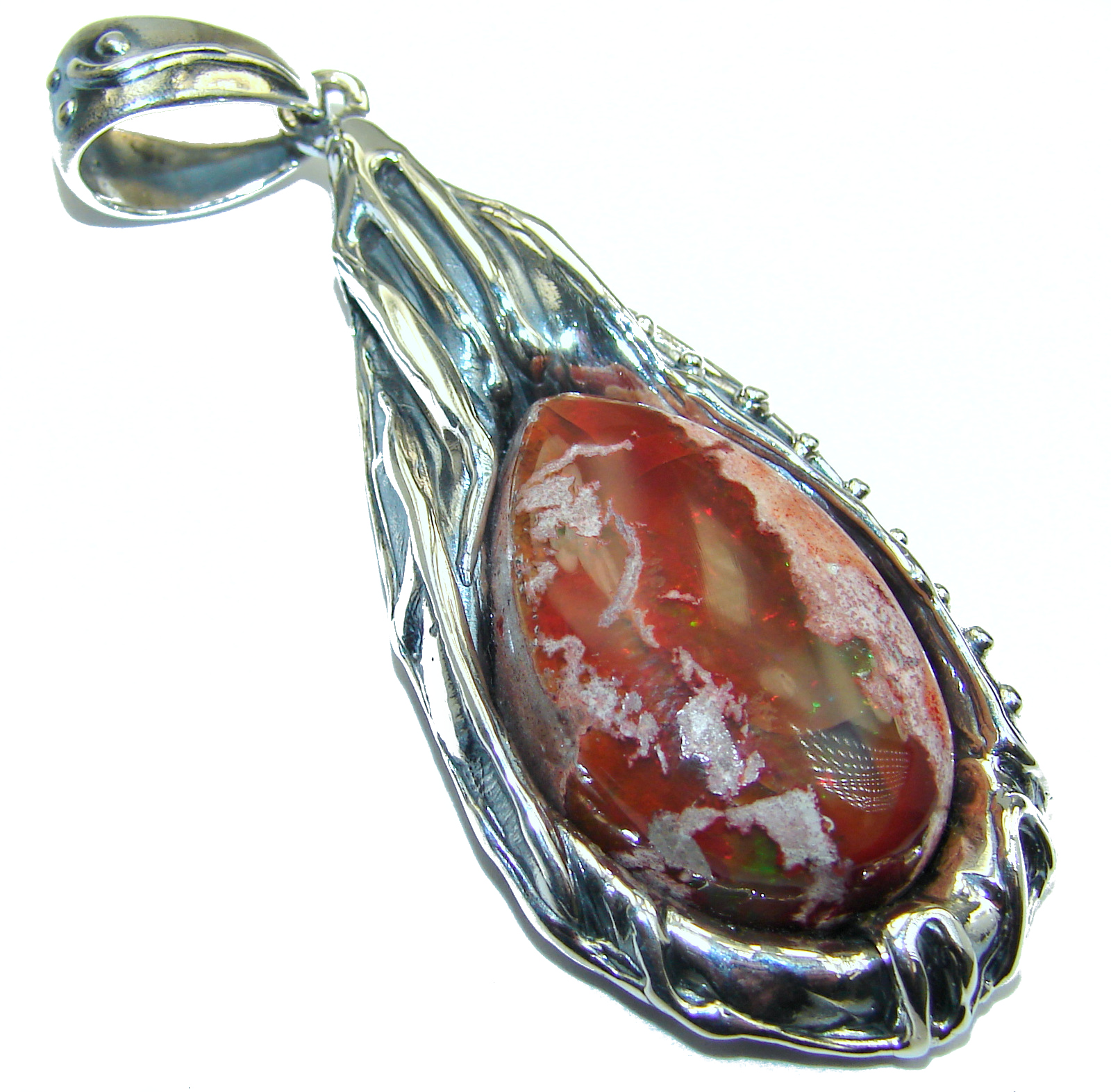 Unique Design Natural Mexican Fire Opal .925 Sterling Silver handmade Pendant